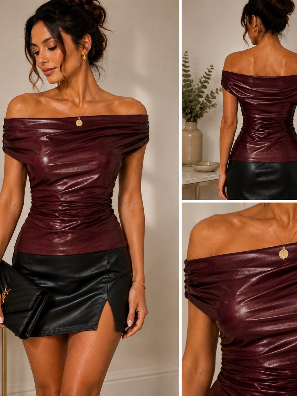 Off-Shoulder Faux Leather Burgundy Dress Top